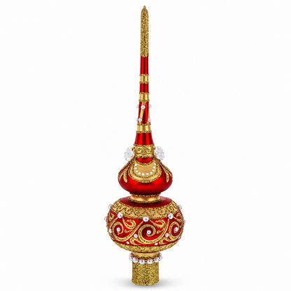 Dimensional Roses and Pearls on Golden ScrollGlass Christmas Tree Topper 11 Inches