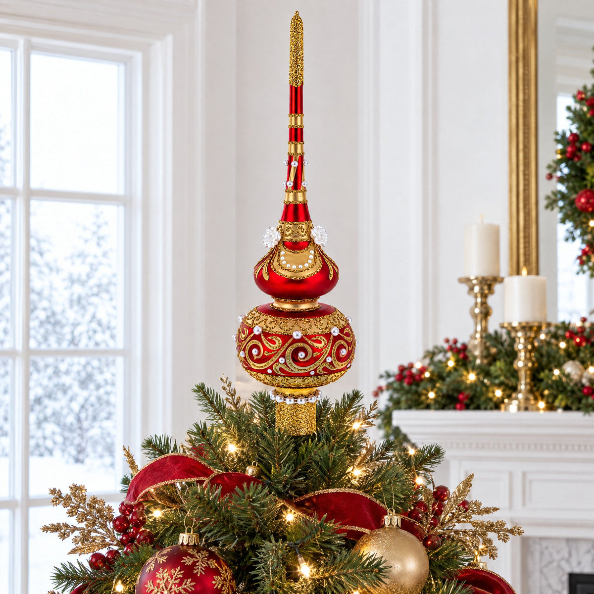 Dimensional Roses and Pearls on Golden ScrollGlass Christmas Tree Topper 11 Inches