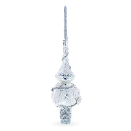 White Roses with Leaves on White Glass Christmas Tree Topper 11 Inches