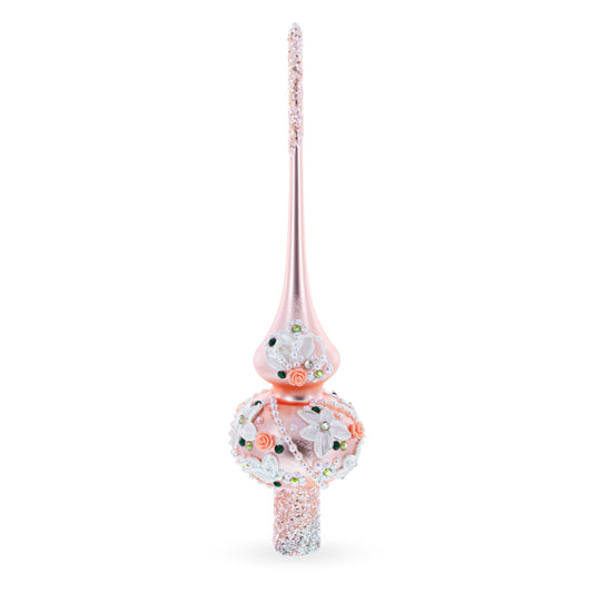 Pink Flowers on Metallic Rose Pink Glass Christmas Tree Topper 11 Inches