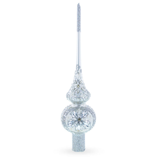 White Jewels Star on Glossy Silver Glass Christmas Tree Topper 11 Inches
