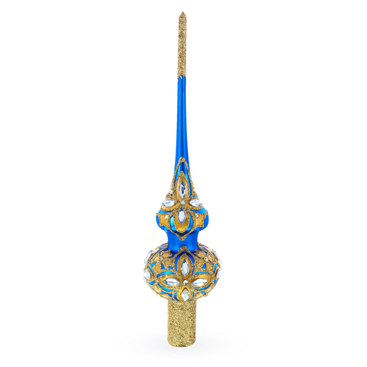 Diamond Stars on Blue and Gold Glass Christmas Tree Topper 11 Inches