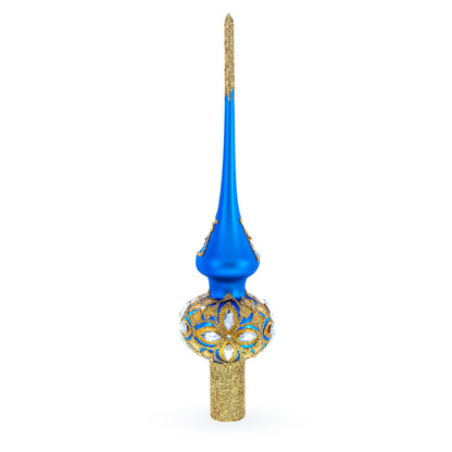 Diamond Stars on Blue and Gold Glass Christmas Tree Topper 11 Inches