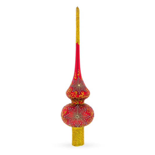 Radiant Jeweled Snowflake on Red Glass Christmas Tree Topper 11 Inches