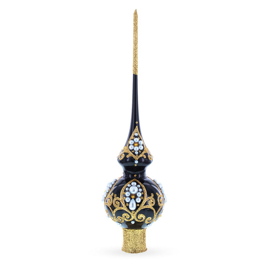 Elegant Black and Gold Filigree Design Glass Christmas Tree Topper 11 Inches