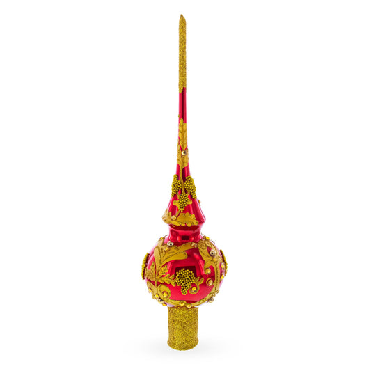 Luxurious Crimson Red with Golden Glitter Glass Christmas Tree Topper