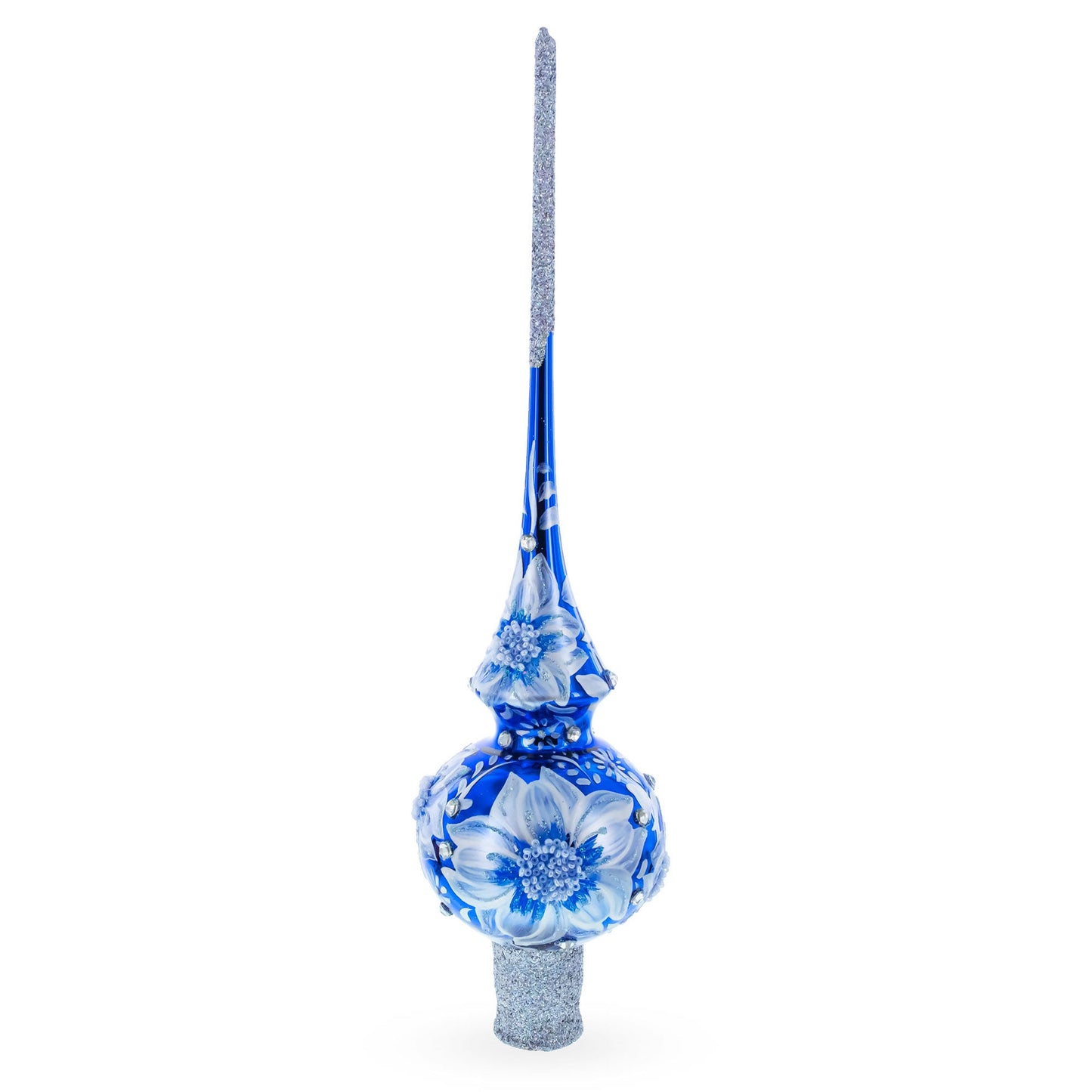 Elegant Cobalt Bloom with Glittering Accents Glass Christmas Tree Topper