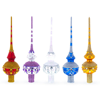 Glossy Blue with Sparkling Top Glass Christmas Tree Topper 11 Inches