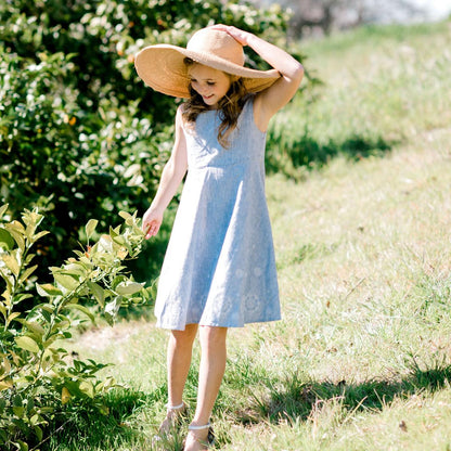 Fit and Flare Dress with Embroidered Hem - Blue Micro Stripe