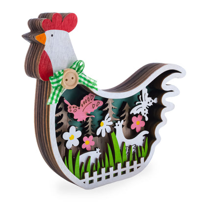 Chicken Shape Spring Garden with Butterflies and Chicks Wooden Figurine