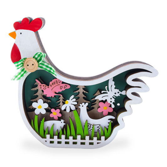 Chicken Shape Spring Garden with Butterflies and Chicks Wooden Figurine