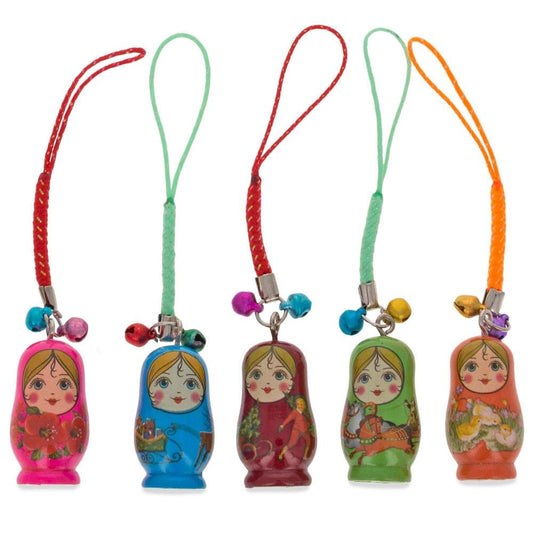 Set of 5 Wooden Dolls Matryoshka Charms for Phones, Bags, Backpacks