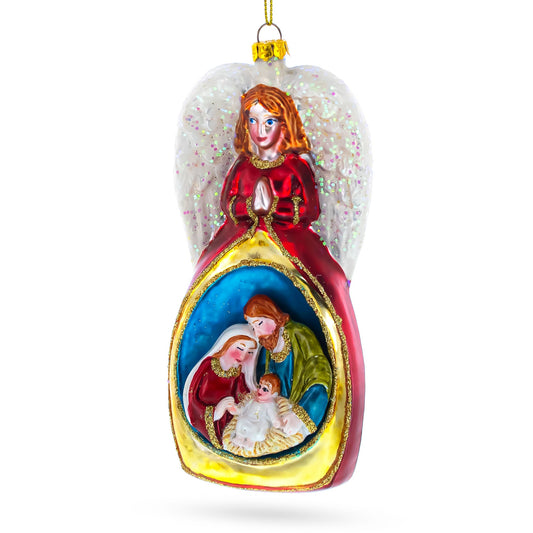 Guardian Angel over Nativity Glass Christmas Ornament