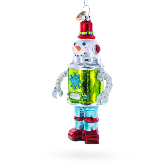 Retro Robot Snowman Glass Christmas Ornament