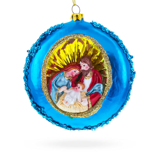 Serene Holy Family on Purple Disc Glass Christmas Ornament