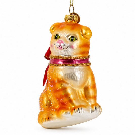 Cat with Red Scarf Glass Christmas Ornament
