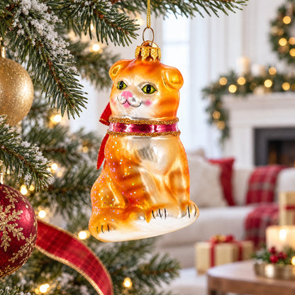 Glittered Orange Cat Glass Christmas Ornament