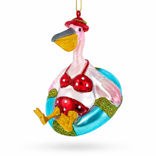 Vacationing Pelican in Swimsuit on an Inflatable Glass Christmas Ornament