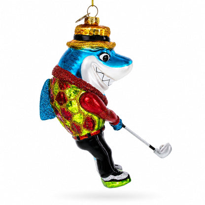 Shark Playing Golf Glass Christmas Ornament
