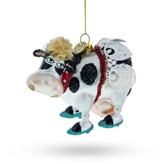 Cow Sporting Wings Glass Christmas Ornament