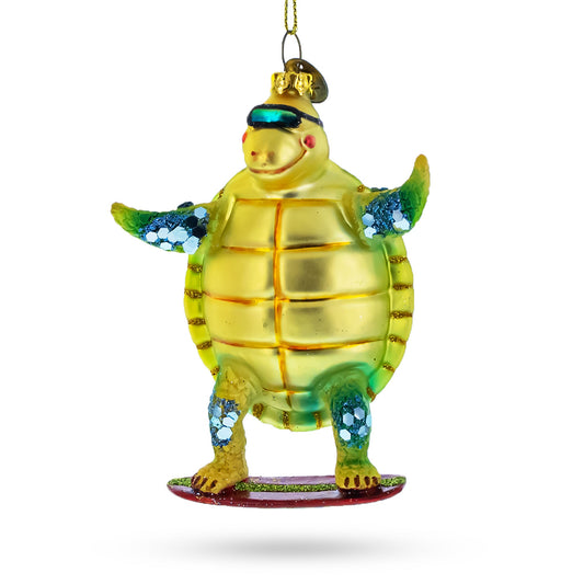 Turtle Surfing Glass Christmas Ornament