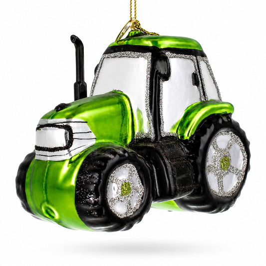 Rustic Green Tractor Glass Christmas Ornament
