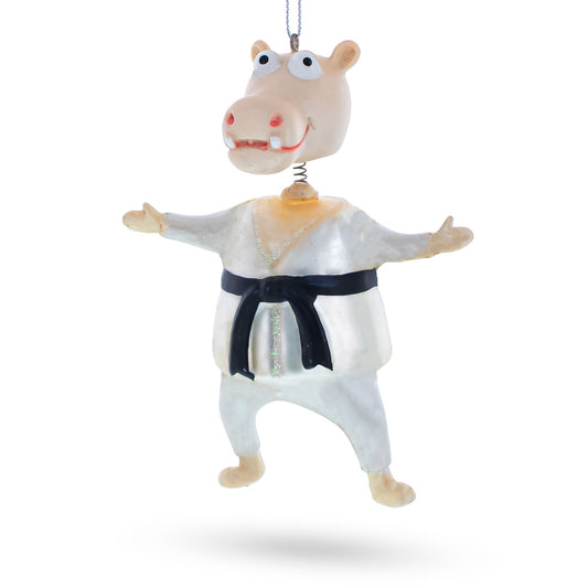 Martial Arts Karate Hippo Glass Christmas Ornament