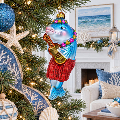 Dolphin Playing Guitar Glass Christmas Ornament