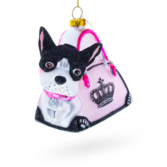 Boston Terrier in Pink Handbag Glass Christmas Ornament