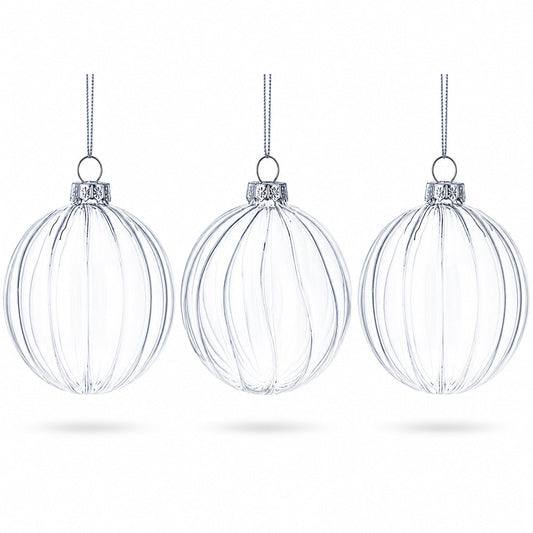 Elegant Set of 3 Striped Clear Glass Ball Christmas Ornaments 3.5 Inches