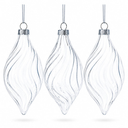 Set of 3 Clear Glass Swirl Christmas Ornaments 5.8 Inches