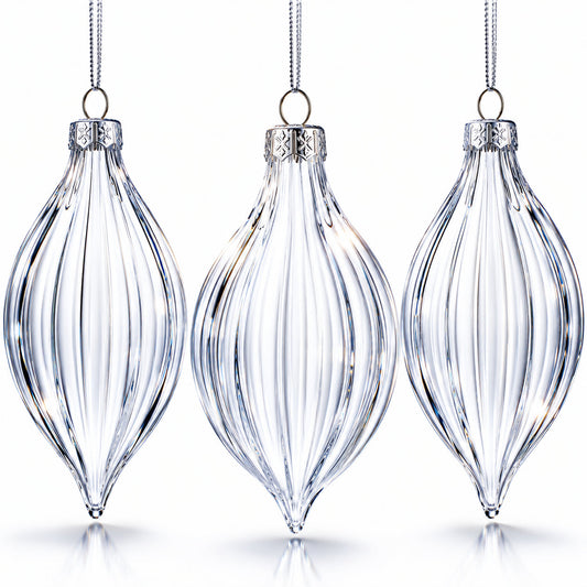 Set of 3 Striped Rhombus Finial Clear Glass Ornament 5.8 Inches