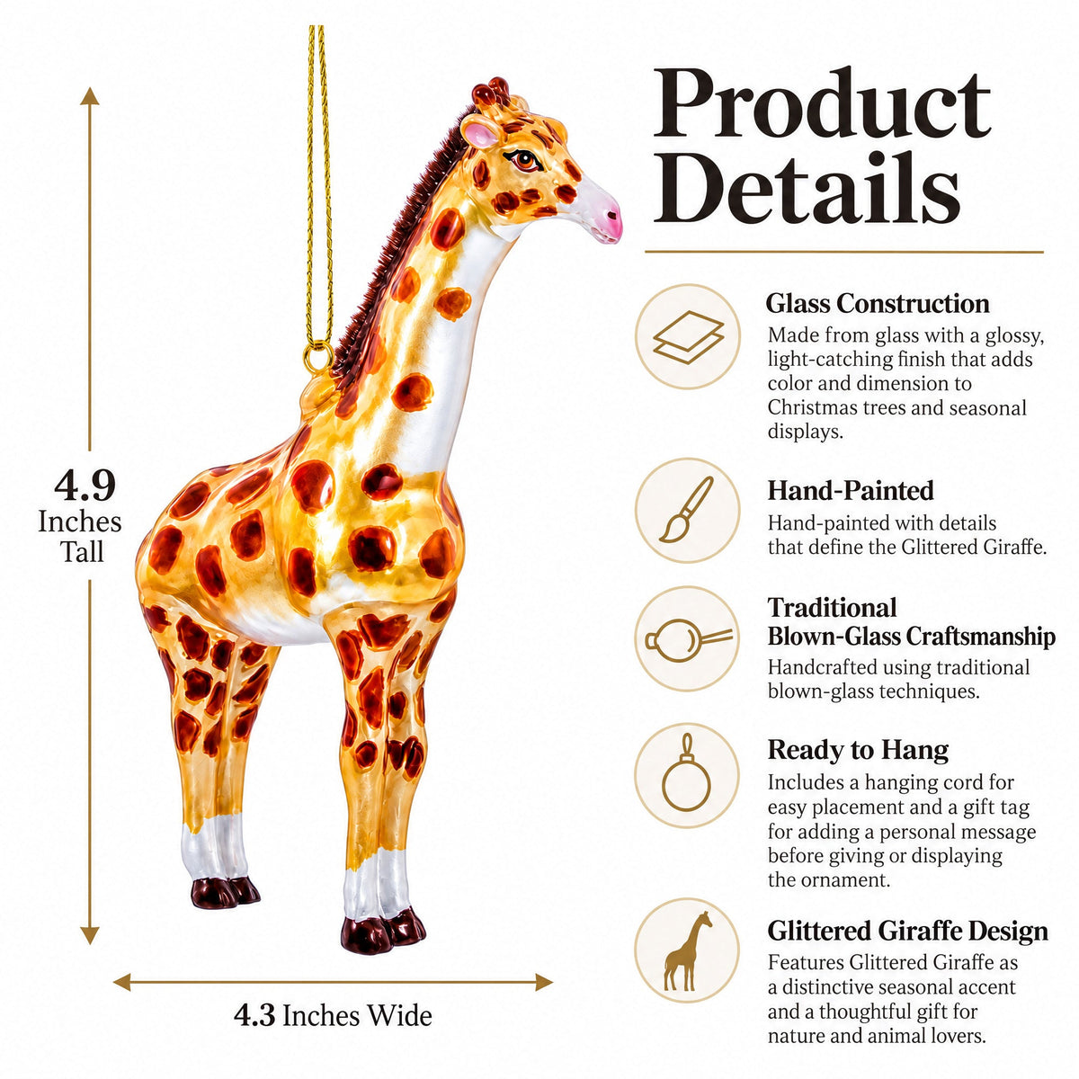 Glittered Giraffe Glass Christmas Ornament