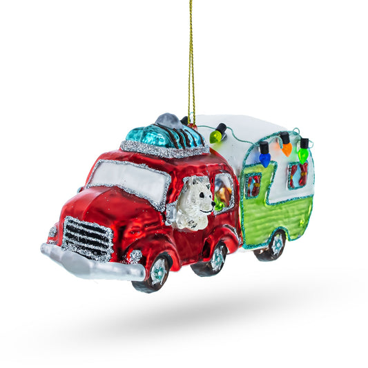 Bear Behind the Wheel of a Camper Glass Christmas Ornament