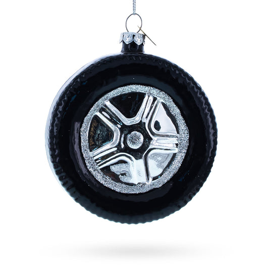Sleek Black Car Wheel Glass Christmas Ornament