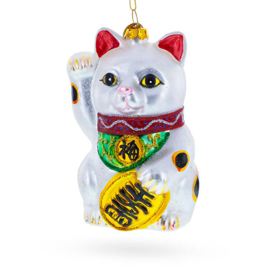 Japanese Lucky Maneki Cat Glass Christmas Ornament