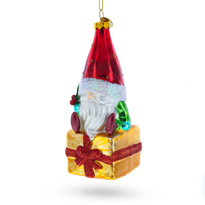 Gnome Bearing Gifts Glass Christmas Ornament