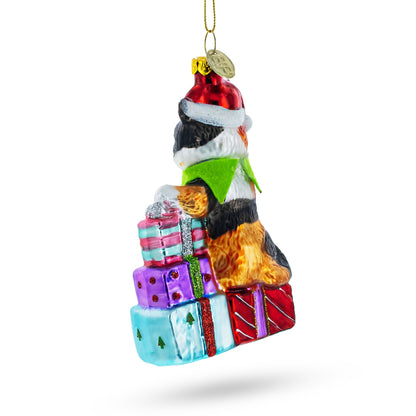 Cat Surrounded by Gift Boxes Glass Christmas Ornament