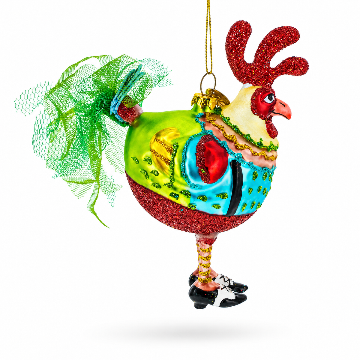 Rooster wearing Shoes Glass Christmas Ornament