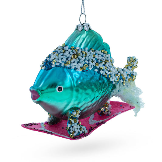 Cool Blue Fish Surfing Wave Glass Christmas Ornament