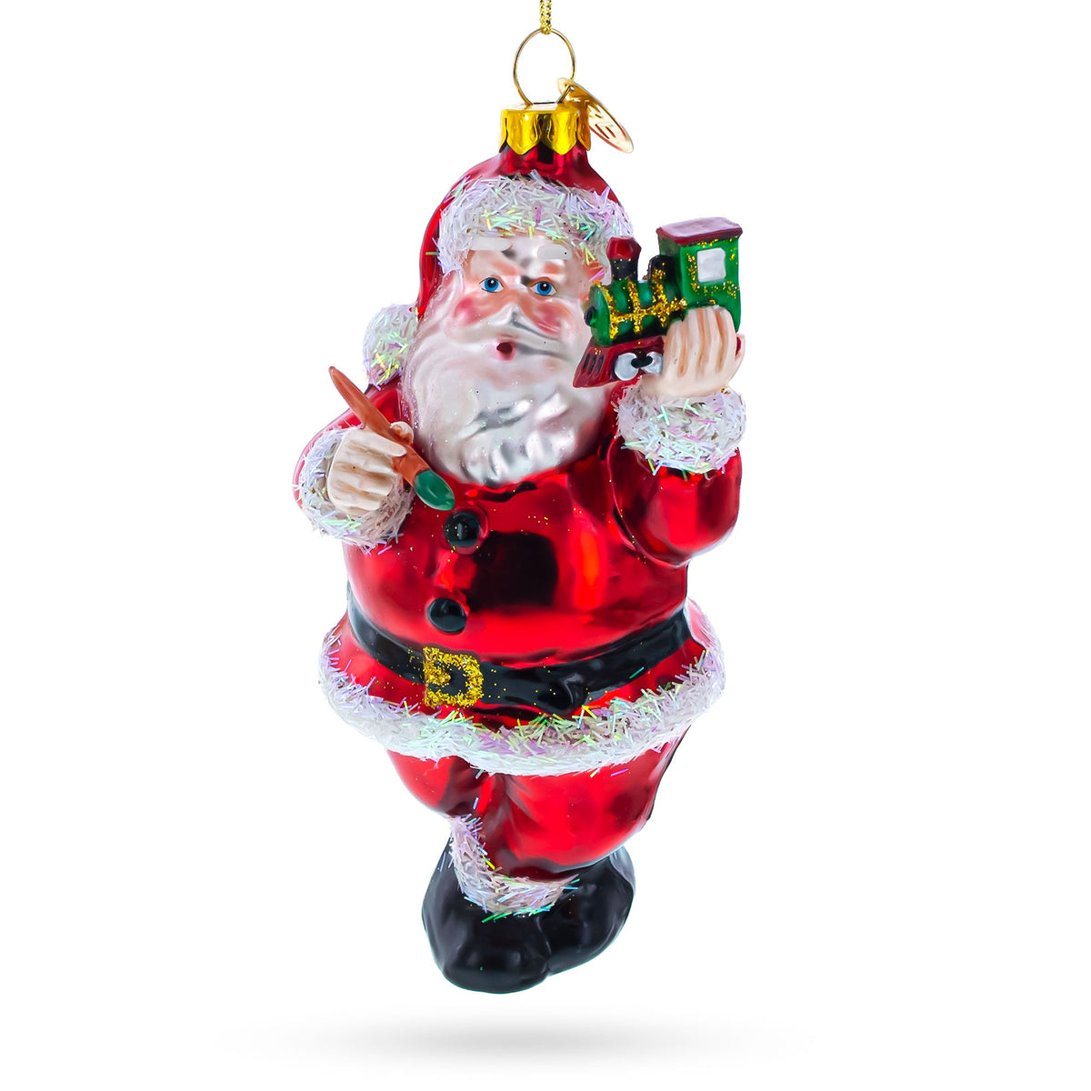 Santa Decorating the Train Glass Christmas Ornament