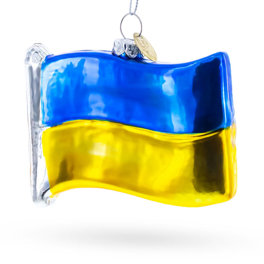 Waving Flag of Ukraine Glass Christmas Ornament