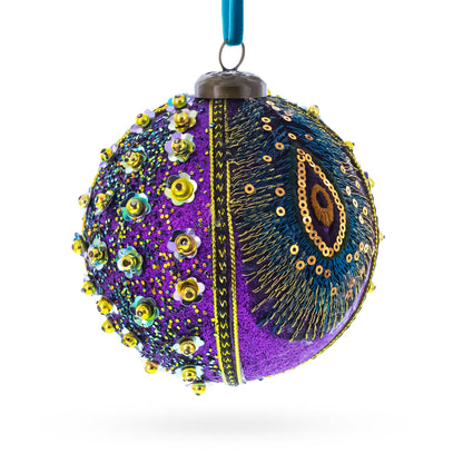 Peacock-Inspired Purple and Gold with Sequins Glitter Ball Christmas Ornament