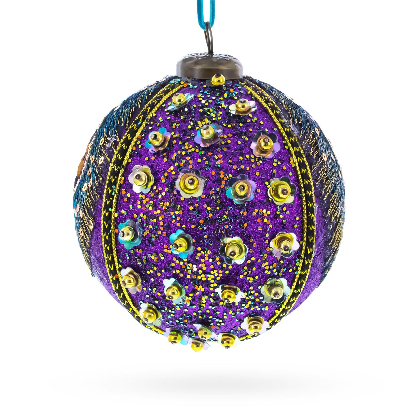 Peacock-Inspired Purple and Gold with Sequins Glitter Ball Christmas Ornament