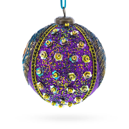 Peacock-Inspired Purple and Gold with Sequins Glitter Ball Christmas Ornament