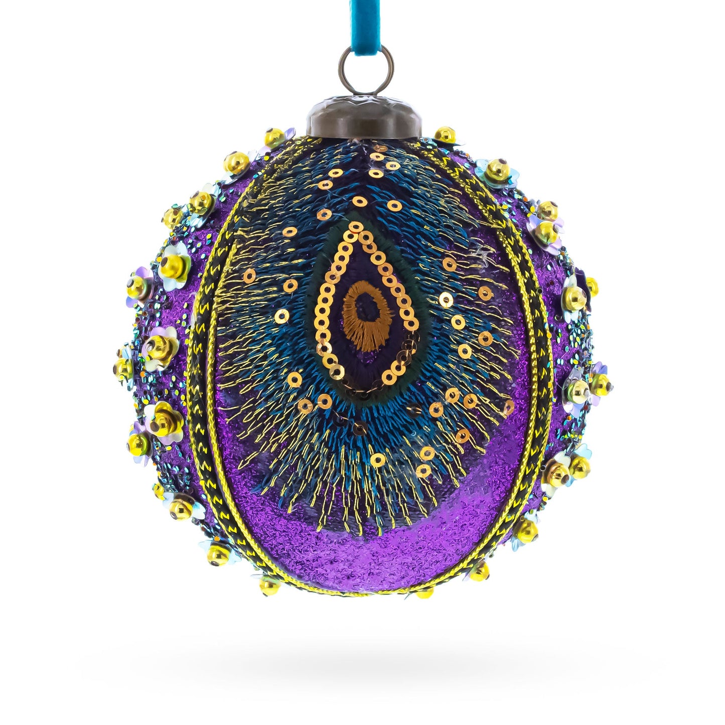 Peacock-Inspired Purple and Gold with Sequins Glitter Ball Christmas Ornament
