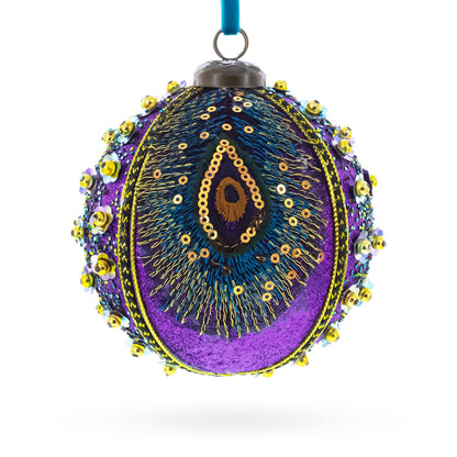 Peacock-Inspired Purple and Gold with Sequins Glitter Ball Christmas Ornament
