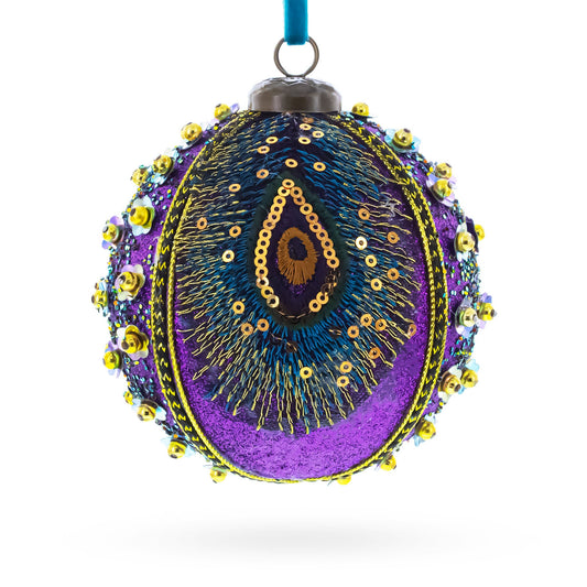 Peacock-Inspired Purple and Gold with Sequins Glitter Ball Christmas Ornament