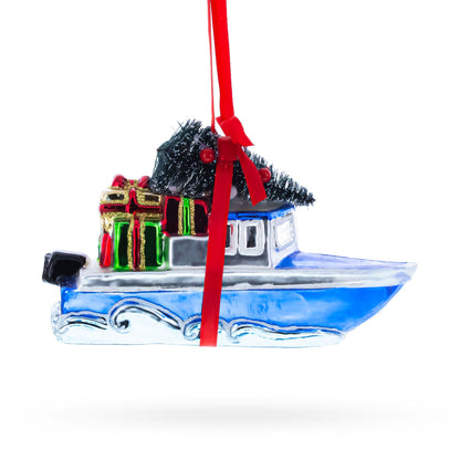 Boat with Tree and Present Glass Christmas Ornament