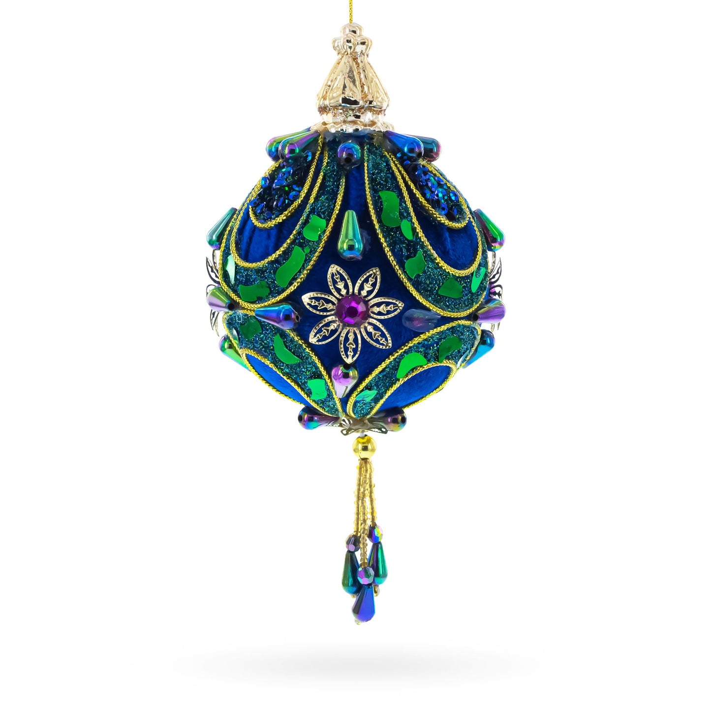 Royal Blue Jeweled  Gold Filigree Accents and Tassels Christmas Ornament